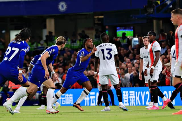 Raheem Sterling celebrates putting Chelsea ahead against Luton at Stamford Bridge - pic: Liam Smith