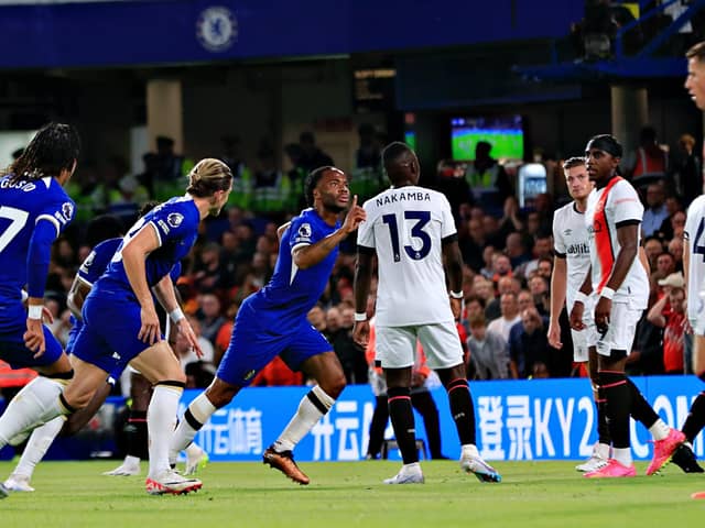 Raheem Sterling celebrates putting Chelsea ahead against Luton at Stamford Bridge - pic: Liam Smith