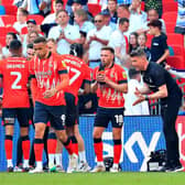 Luton boss Rob Edwards gives out orders at Wembley in the play-off final - pic: Liam Smith