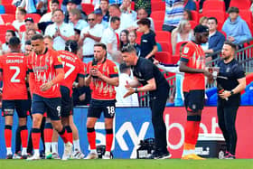 Luton boss Rob Edwards gives out orders at Wembley in the play-off final - pic: Liam Smith