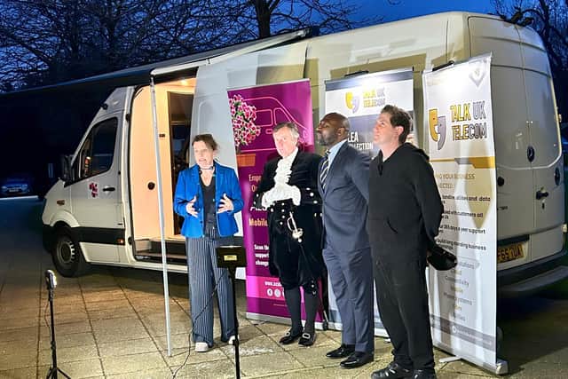 Azalea founder and CEO Ruth Robb with, from left, Bedfordshire High Sheriff Russell Beard, Police and Crime Commissioner Festus Akinbusoye and Luke Harper of Harper Vans and Recreation