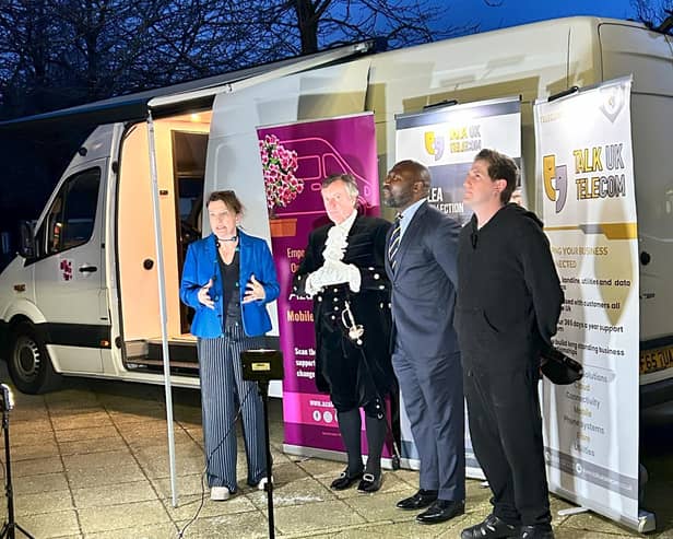 Azalea founder and CEO Ruth Robb with, from left, Bedfordshire High Sheriff Russell Beard, Police and Crime Commissioner Festus Akinbusoye and Luke Harper of Harper Vans and Recreation