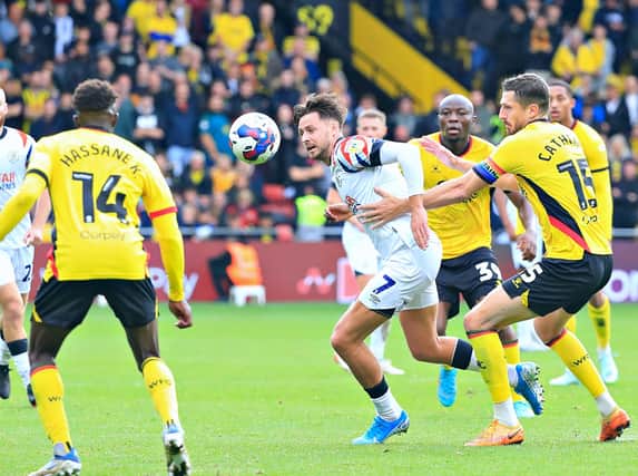 Harry Cornick tries to come away with the ball during Sunday's 4-0 defeat to Watford