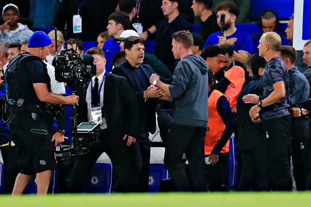 Luton boss Rob Edwards greets opposite number Mauricio Pochettino at Stamford Bridge - pic: Liam Smith