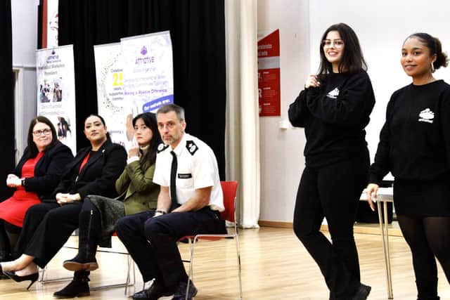 Hosts Arriana and Kat with Sarah Owen MP, Rachel Hopkins MP, deputy chief constable Dan Vajzovic from Bedfordshire police, and deputy mayor Zanib Raja.