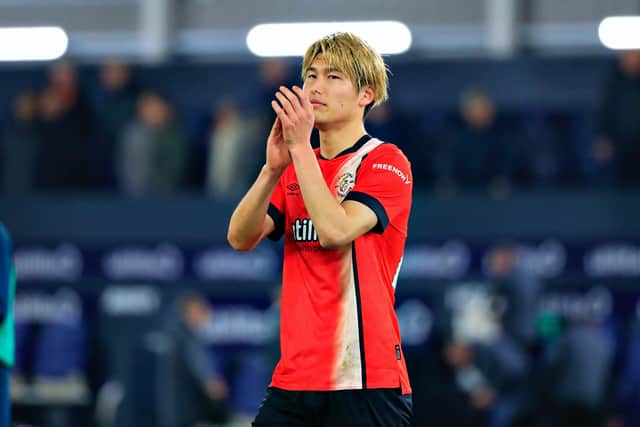 Daiki Hashioka applauds the Luton supporters after Saturday's 3-2 defeat to Aston Villa - pic: Liam Smith