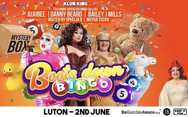 Jujubee, Danny Beard and Bailey J Mills will be joined by hosts Ophelia Balls and Mutha Tucka for Boots Down Bingo.
