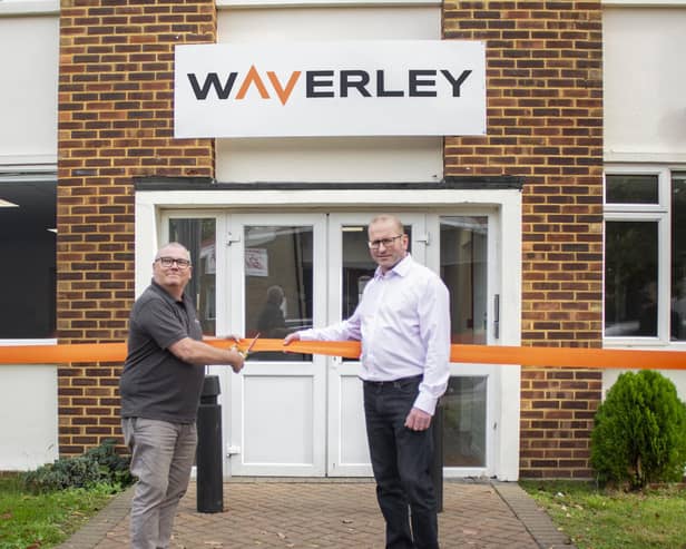 Cutting the ribbon to officially open the Waverley factory in Luton: Neil Vickers, Production Manager and Operations Director, Bruce James.