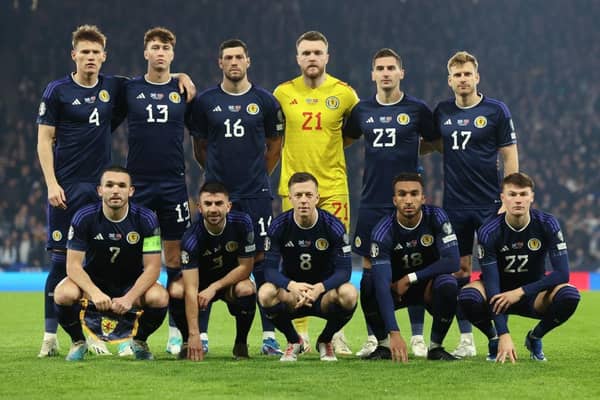 Jacob Brown lines up with the Scotland team ahead of their 3-3 draw with Norway on Sunday - pic: Ian MacNicol/Getty Images
