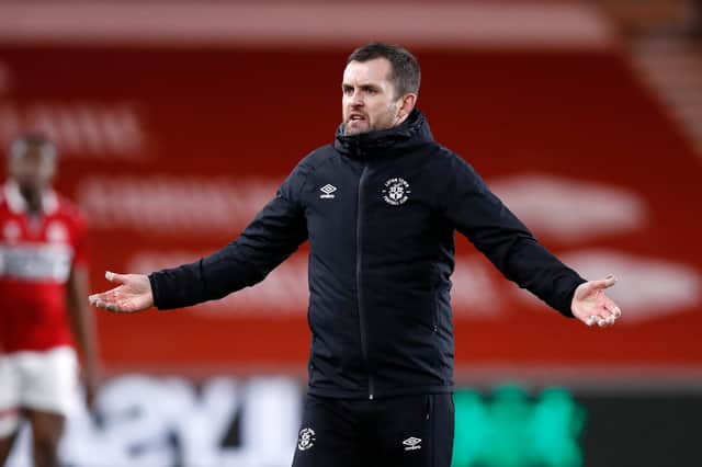 Nathan Jones, manager of Luton Town, reacts during the Sky Bet Championship match between Middlesbrough and Luton Town at Riverside Stadium on December 16, 2020.