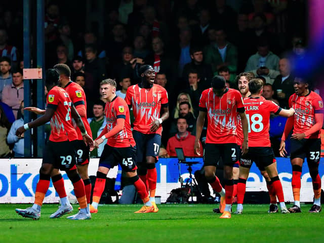 Luton's players celebrate scoring against Sunderland in the play-off semi-final