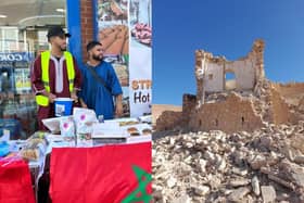 Imad wearing the hat (left), with an image of the devastation in Morocco. Picture: Submitted