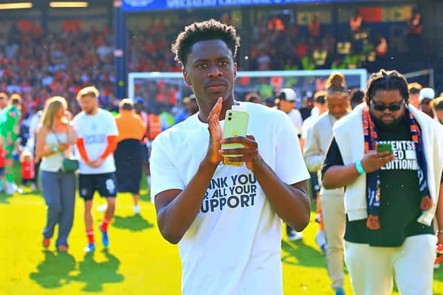 Sambi Lokonga applauds the Hatters fans after Town's last game of the season against Fulham - pic: Liam Smith