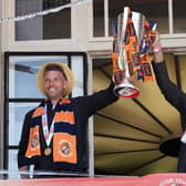 Luton Town FC boss Rob Edwards and mayor Mohammed Yaqub Hanif lift the cup together
