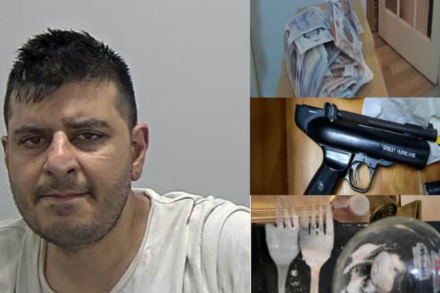 Fesal Khan, and the cash, drugs and guns found at the property in Luton. Picture: Bedfordshire Police