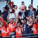 Luton celebrate winning promotion to the Premier League