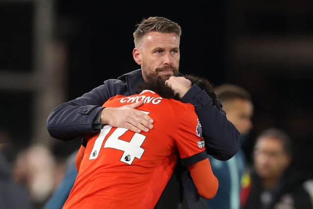 Luton boss Rob Edwards celebrates beating Crystal Palace with summer signing Tahith Chong - pic: Julian Finney/Getty Images