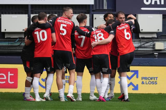 Luton celebrate Callum Marshall's winner against Leicester - pic: David Horn / PRiME Media Images