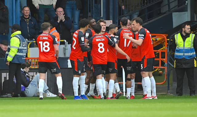 Luton celebrate Jake Richards' opener against Peterborough - pic: Andy Fitzsimons