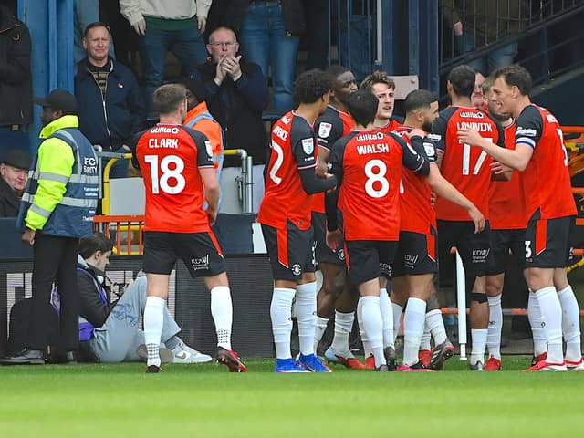 Luton celebrate Jake Richards' opener against Peterborough - pic: Andy Fitzsimons