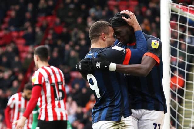 Carlton Morris and Elijah Adebayo celebrates Luton's match-winner at Sheffield United
