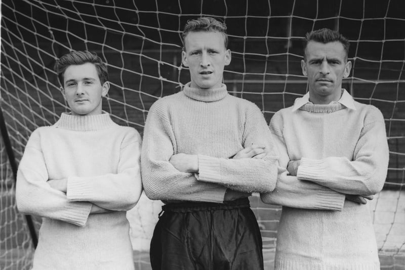 Luton goalkeeper Ron Baynham (centre) is pictured on England duty with Jeff Hall (Birmingham City)  and Geoff Bradford (Bristol Rovers) during a practice match against Charlton Athletic at The Valley, London, 17th September 1955. They are preparing for a match against Denmark in Copenhagen.