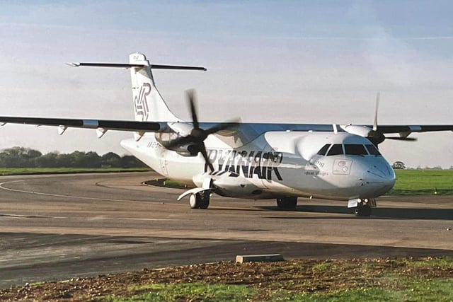 A turbo-propped ATR-42 Ryanair plane. In the earlier days of the company, Ryanair's fleet featured a handful of turboprop planes