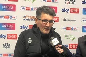 Hatters interim manager Mick Harford speaks to the press this afternoon