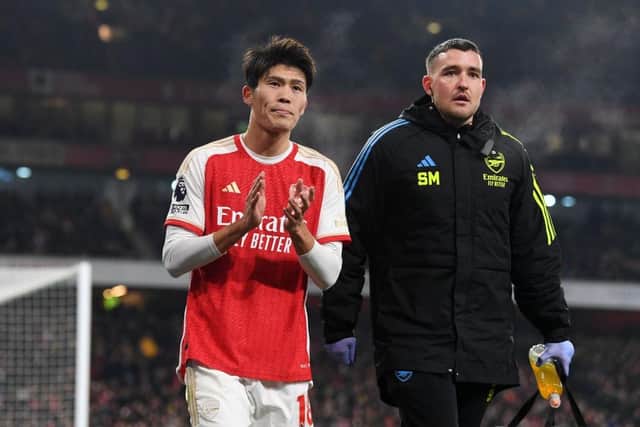Takehiro Tomiyasu goes off against Wolves on Saturday - pic: Stuart MacFarlane/Arsenal FC via Getty Images