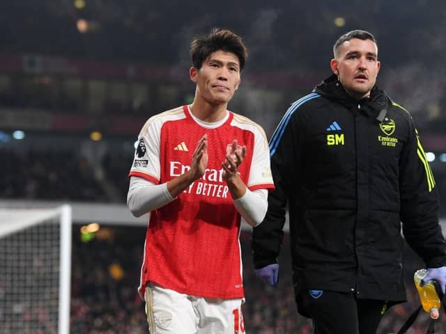 Takehiro Tomiyasu goes off against Wolves on Saturday - pic: Stuart MacFarlane/Arsenal FC via Getty Images
