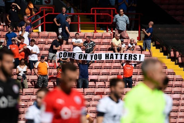 Luton Town fans show their support prior to the Sky Bet Championship match between Barnsley and Luton Town at Oakwell Stadium on August 24, 2019.