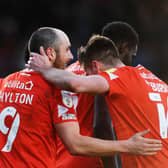 Town forward Danny Hylton celebrates scoring against Derby during his time with Luton