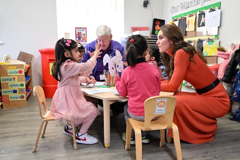 The Princess of Wales interacts with children at the nursery (Photo by Justin Tallis - WPA Pool/Getty Images)