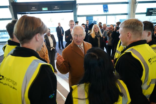 King Charles III meeting a group of apprentices who worked on the DART, many of whom have now transitioned to permanent employment,  during a visit to Luton DART Parkway Station PIC: Yui Mok/PA Wire