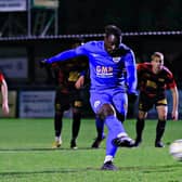 Kelvin Osei-Addo scores from the spot for Dunstable - pic: Liam Smith