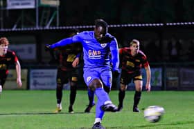 Kelvin Osei-Addo scores from the spot for Dunstable - pic: Liam Smith