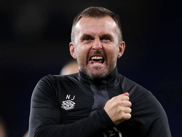 Town boss Nathan Jones celebrates a 2-1 win in Cardiff last night - pic: Getty Images
