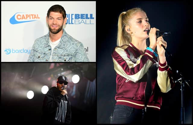 Nathan Dawe, AJ Tracey and London Grammar's Hannah Reid. Pictures: Getty Images