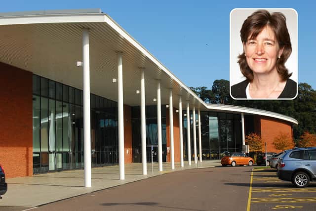Central Beds Council's headquarters and inset, Sue Clark, deputy leader of the council