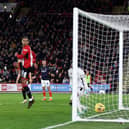 Sheffield United's Max Lowe can only watch as Carlton Morris's cross deflects off Anis Slimane and nestles into the net for Luton Town's winning goal - pic: George Wood/Getty Images