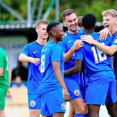 Dunstable celebrate finding the net against Holmer Green on Saturday - pic: Liam Smith