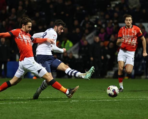Tom Cannon goes for goal during Preston's 1-1 draw against Luton last season - pic: Clive Brunskill/Getty Images