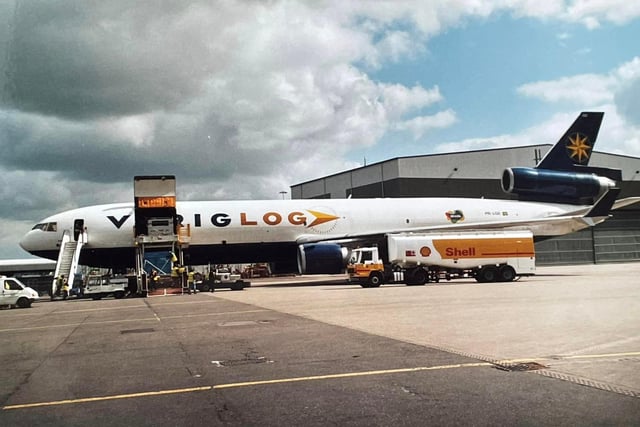 An MD-11 VarigLog plane at Luton Airport waiting to be refuelled