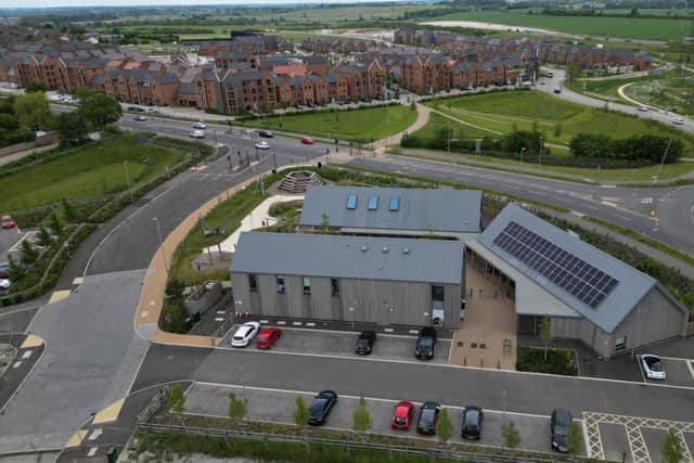 An ariel shot of The Farmstead business complex, situated by Bellway at Linmere development  