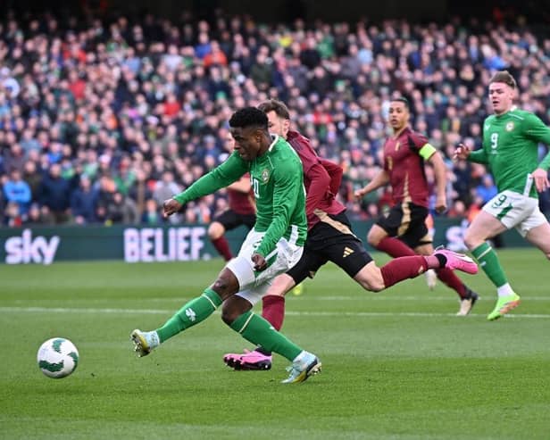 Chiedozie Ogbene missed this chance for the Republic of Ireland against Belgium on Saturday - pic: Charles McQuillan/Getty Images