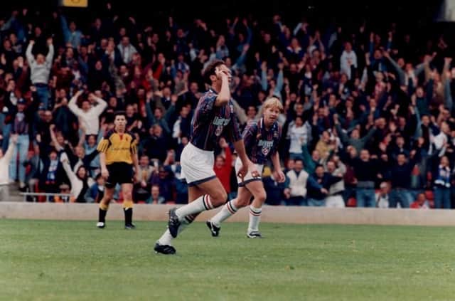 Scott Oakes celebrates after scoring for the Hatters at Vicarage Road in 1994