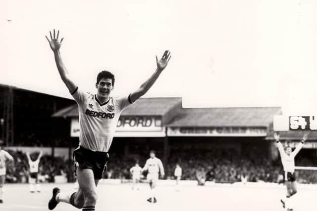 Mike Newell celebrates scoring for Luton during their 3-1 win over Spurs back in March 1987 - pic: Hatters Heritage