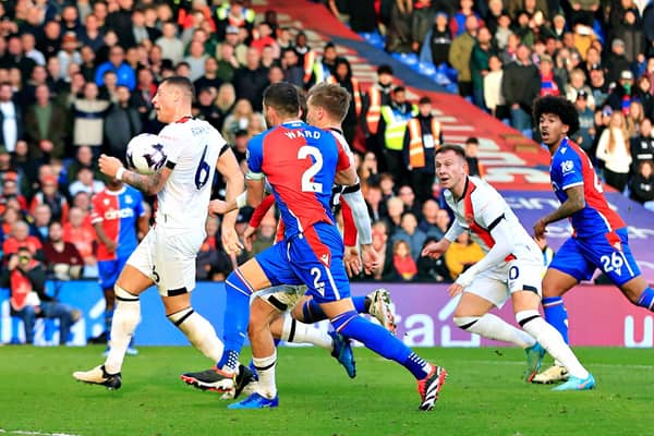 Cauley Woodrow heads home to rescue a point for the Hatters at Crystal Palace - pic: Liam Smith