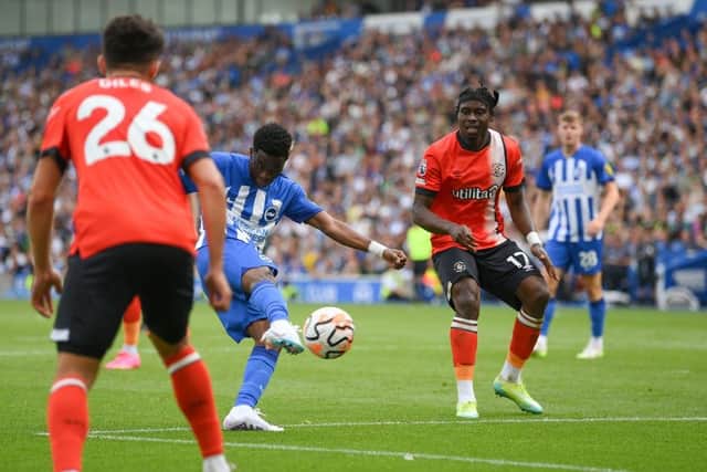 Simon Adingra fires home Brighton's third after a mistake from Pelly-Ruddock Mpanzu on Saturday - pic: Mike Hewitt/Getty Images
