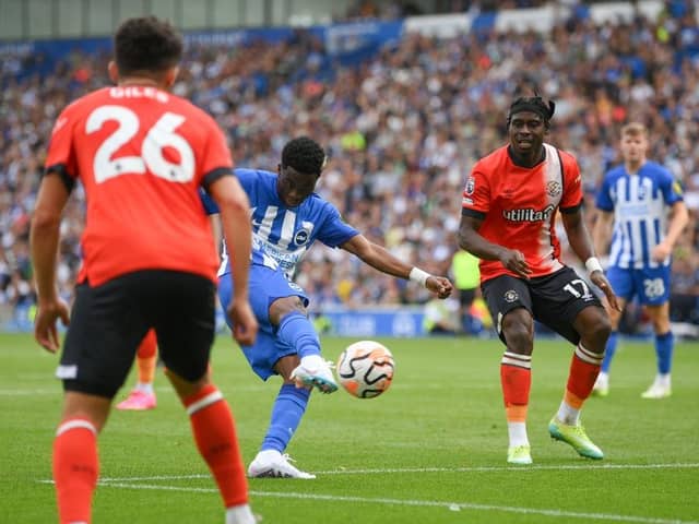 Simon Adingra fires home Brighton's third after a mistake from Pelly-Ruddock Mpanzu on Saturday - pic: Mike Hewitt/Getty Images